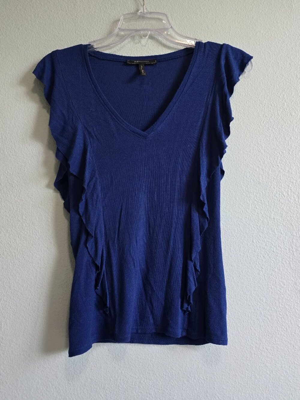 Bcbgmaxazria Blue Sleeveless V-neck Ruffled Ribbed Shirt Size XXS